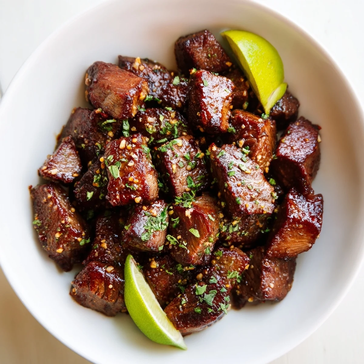 Seared Sweet Spicy Jerk Style Beef Bites on wooden board, ready for toothpicks