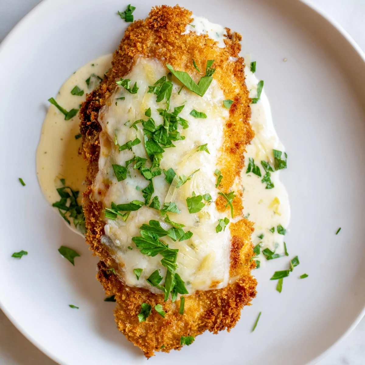 Crispy breaded Longhorn Steakhouse Parmesan Chicken drizzled with creamy ranch sauce on white plate