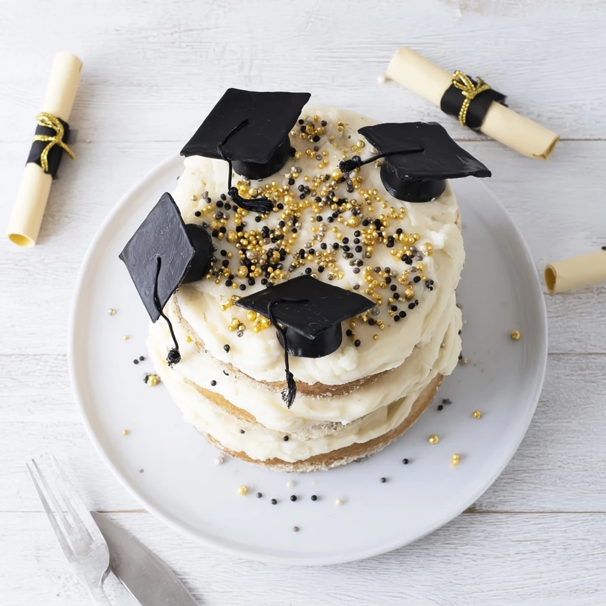 Celeste graduation cake slice showing fluffy buttercream between layers and edible gold pearl accents