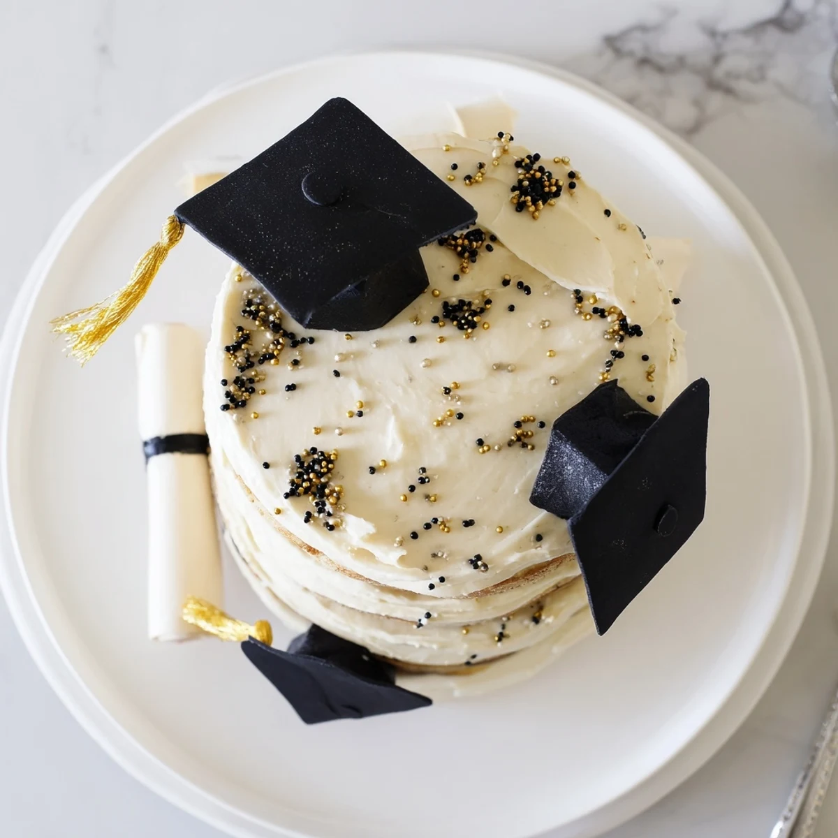Decorated graduation cake with smooth vanilla buttercream and fondant graduation caps on top