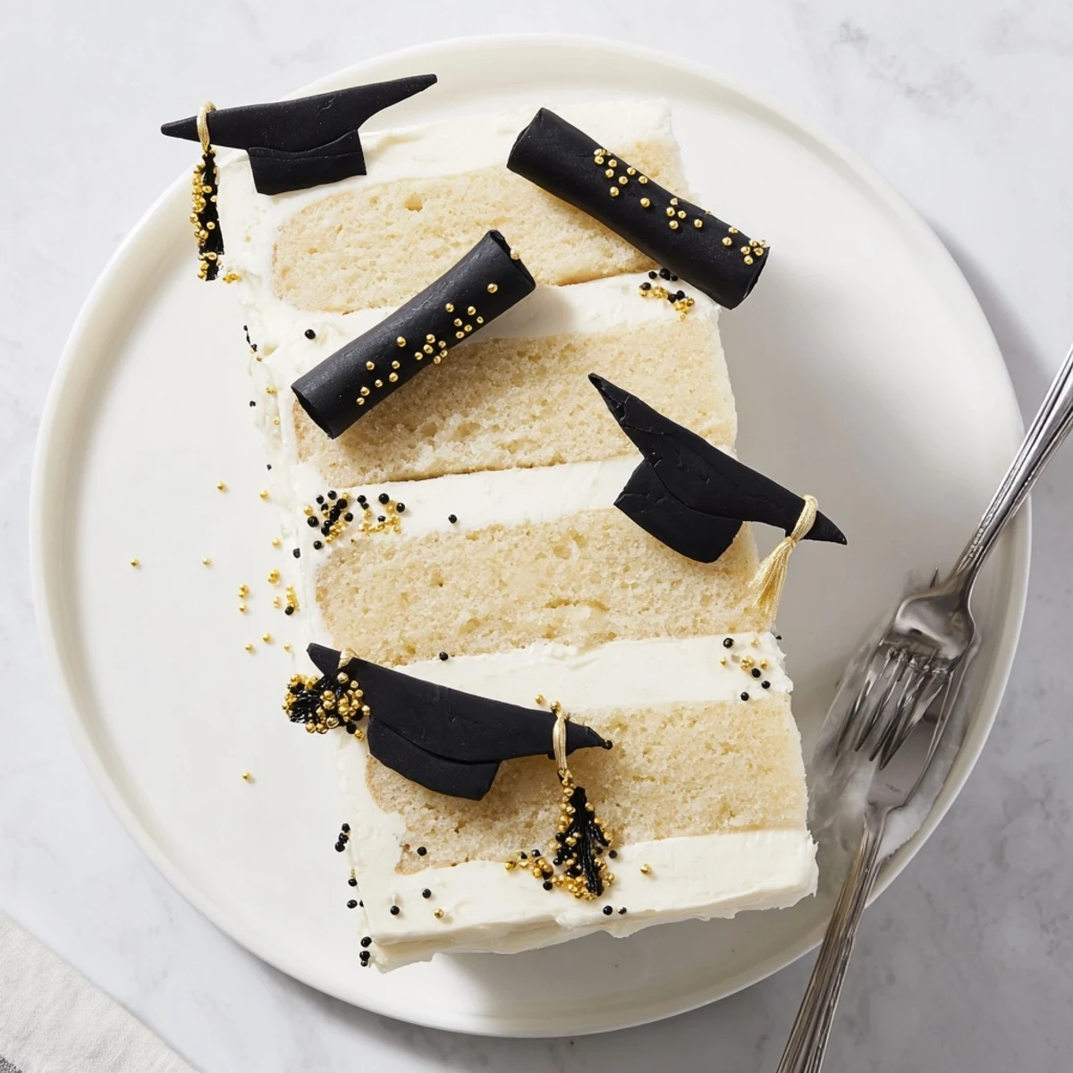 Layered graduation cake featuring moist vanilla sponge and creamy frosting with school color decorations