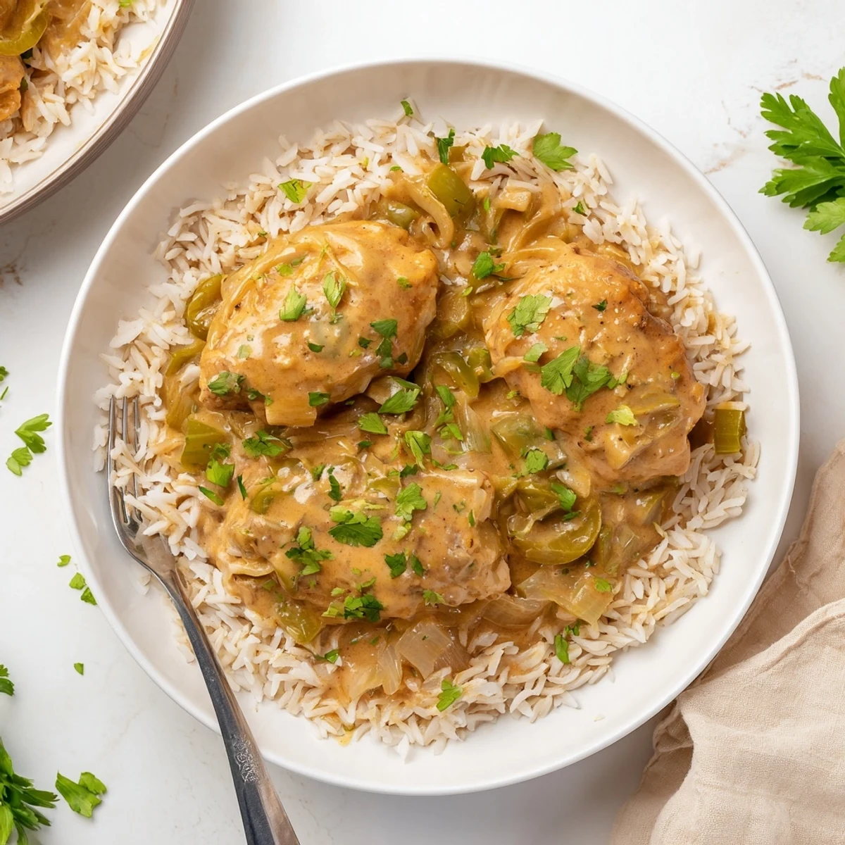 Golden brown smothered chicken and rice plated in a creamy savory sauce with fresh parsley garnish