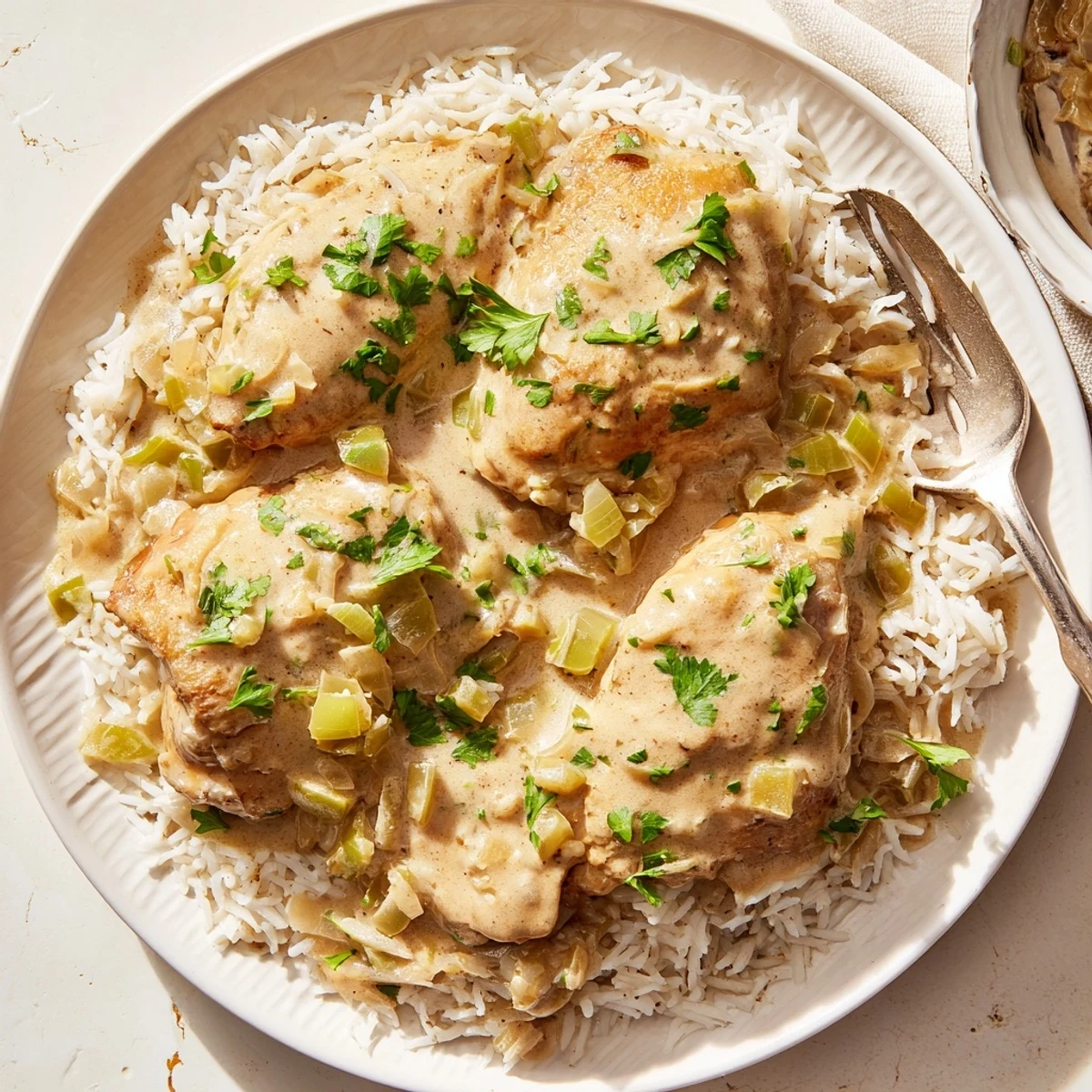 One pan smothered chicken and rice featuring tender thighs nestled in fluffy white grains with rich gravy