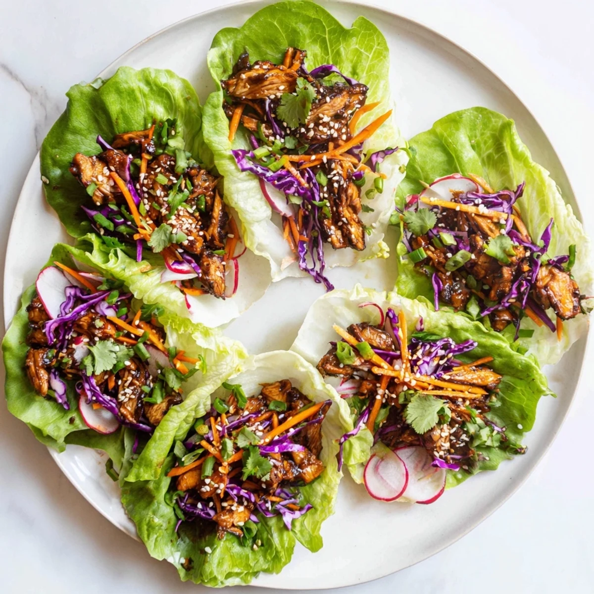Spicy Korean chicken lettuce wraps topped with colorful crunchy vegetable slaw and sesame seeds