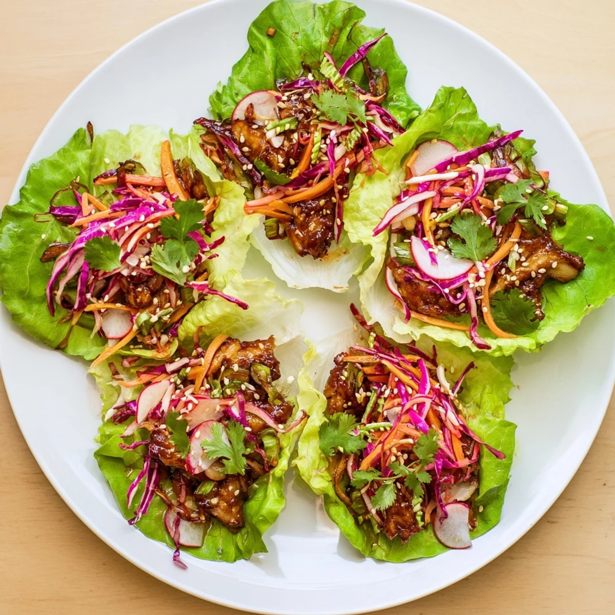 Crisp butter lettuce cups filled with caramelized gochujang chicken and vibrant purple cabbage slaw