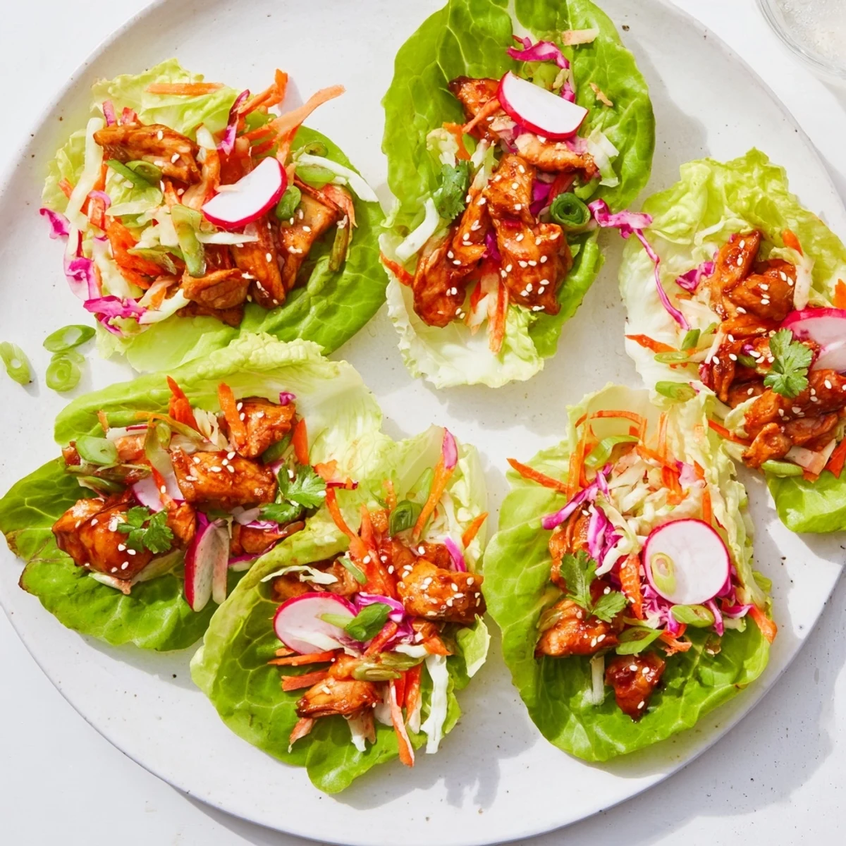 Homemade Korean-style chicken wrapped in fresh lettuce with tangy slaw garnish and red chili