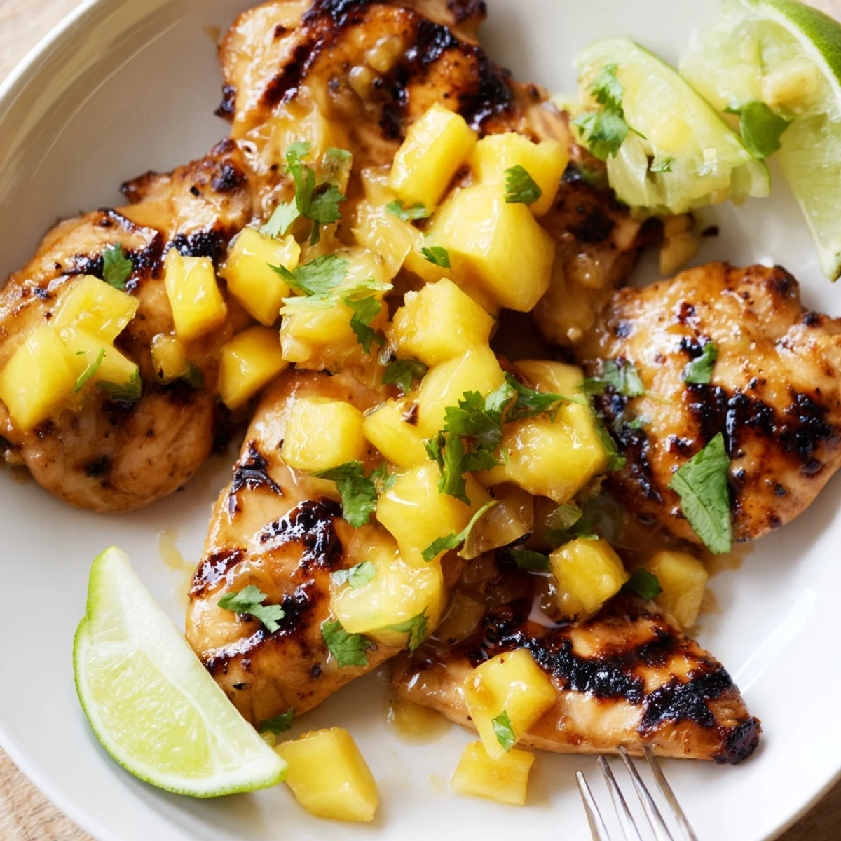 Golden grilled mango pineapple chicken breasts garnished with fresh cilantro and lime wedges on a white plate