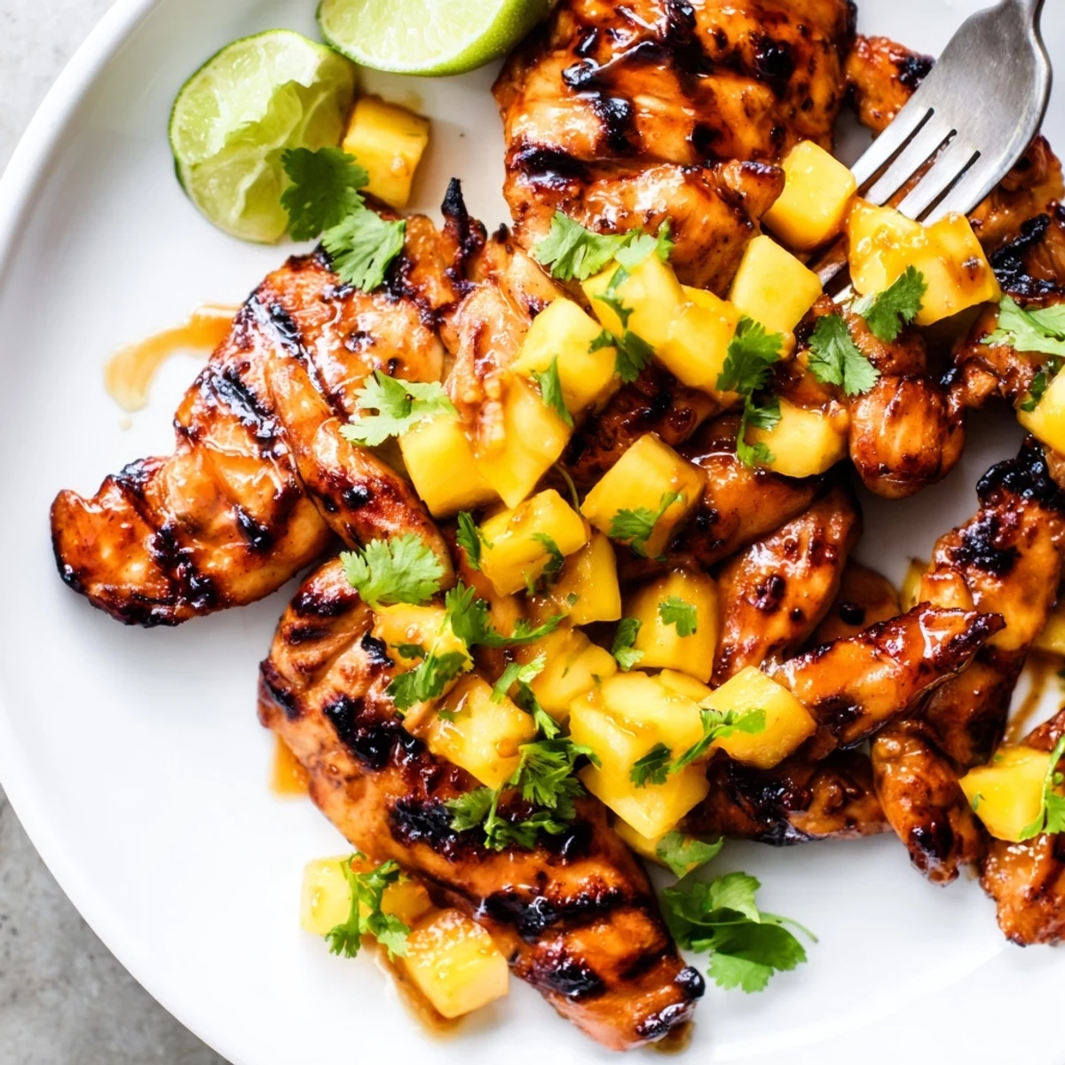 Juicy char grilled mango pineapple chicken slices arranged with fresh pineapple and cilantro sprigs