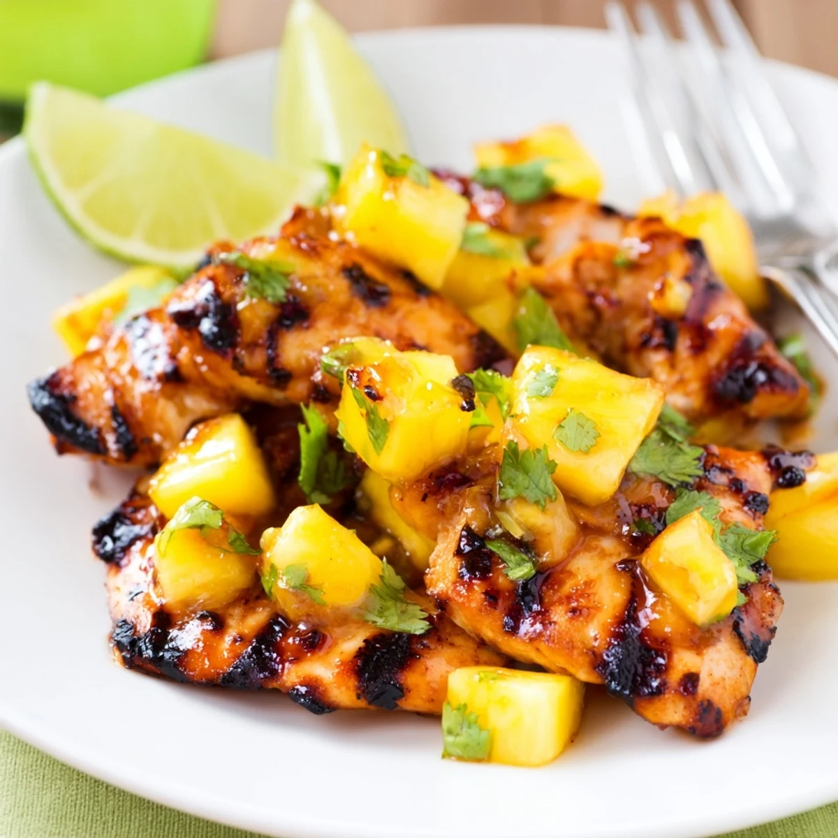 Tender grilled chicken glazed with tropical mango pineapple marinade served with extra fruit chunks