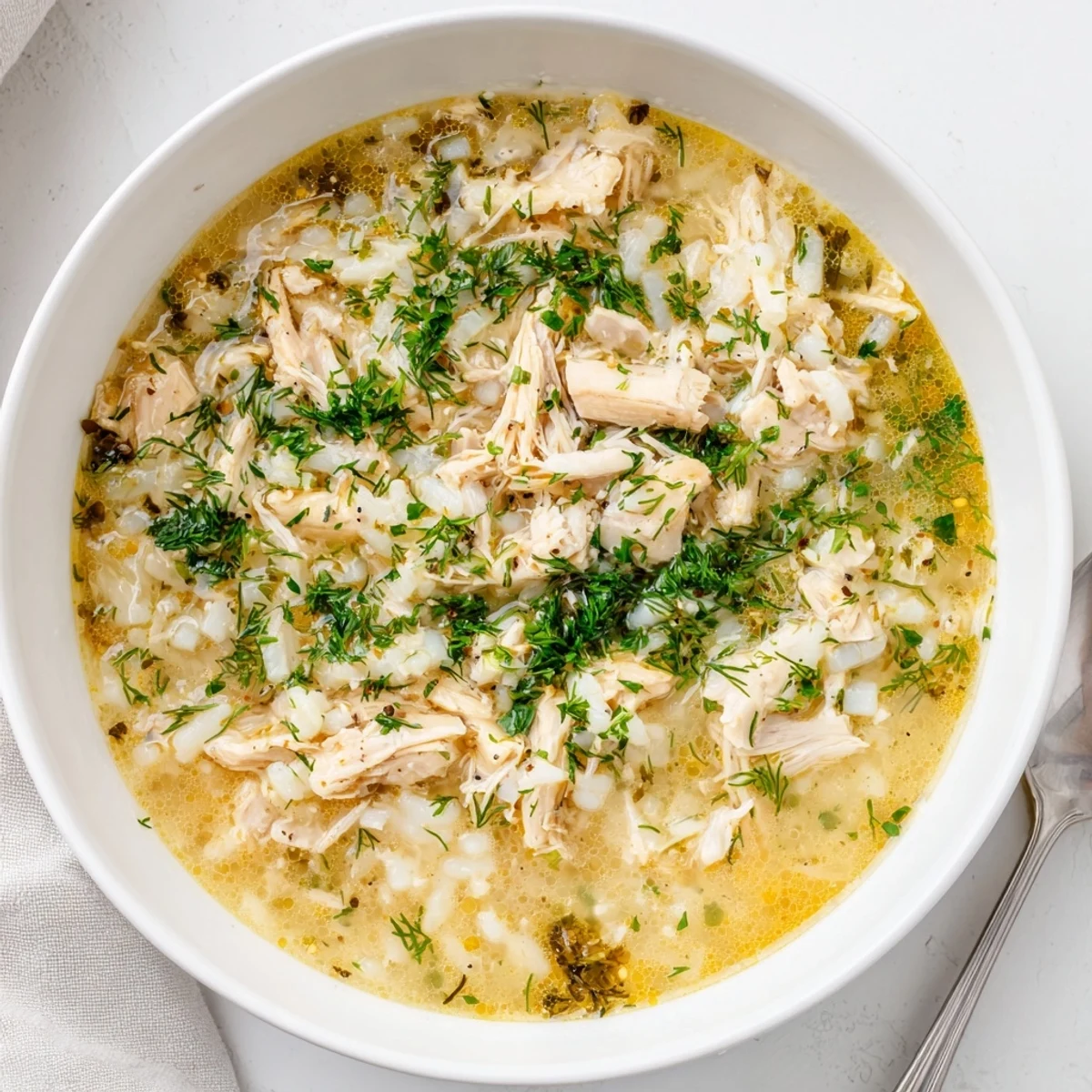 Creamy Greek lemon chicken soup Avgolemonobrimming with tender chicken and rice in a golden bowl