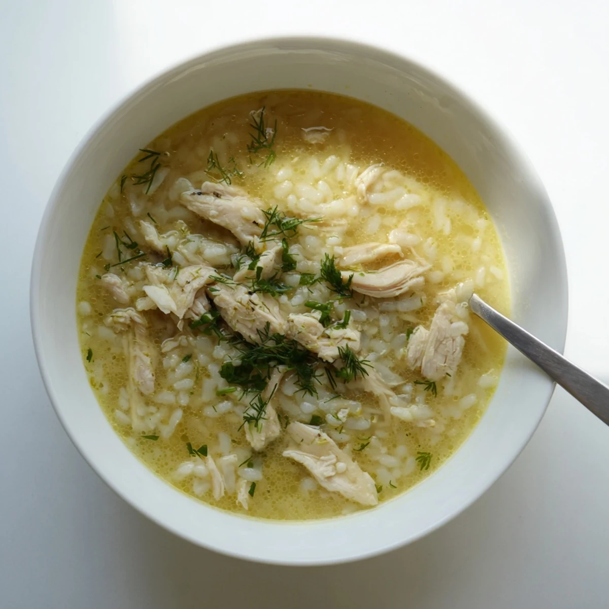 Homemade Greek lemon chicken soup garnished with fresh dill in a white serving bowl