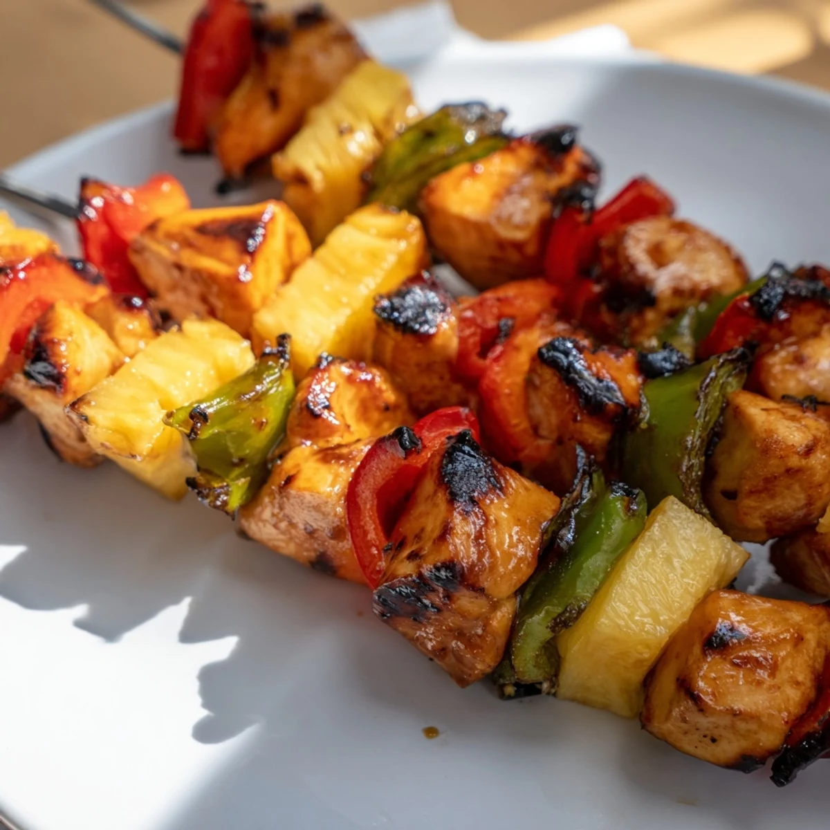 Golden grilled Hawaiian chicken kabobs with charred pineapple and colorful bell pepper chunks on metal skewers