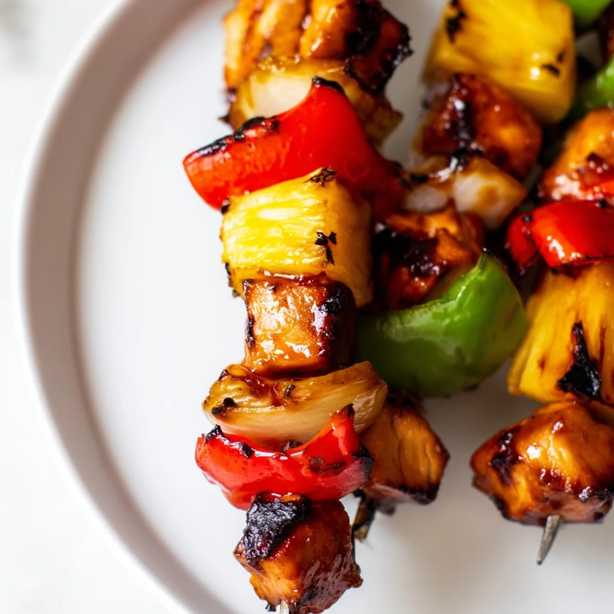 Tender marinated Hawaiian chicken kabobs featuring juicy pineapple, red onion, and vibrant peppers with attractive grill marks