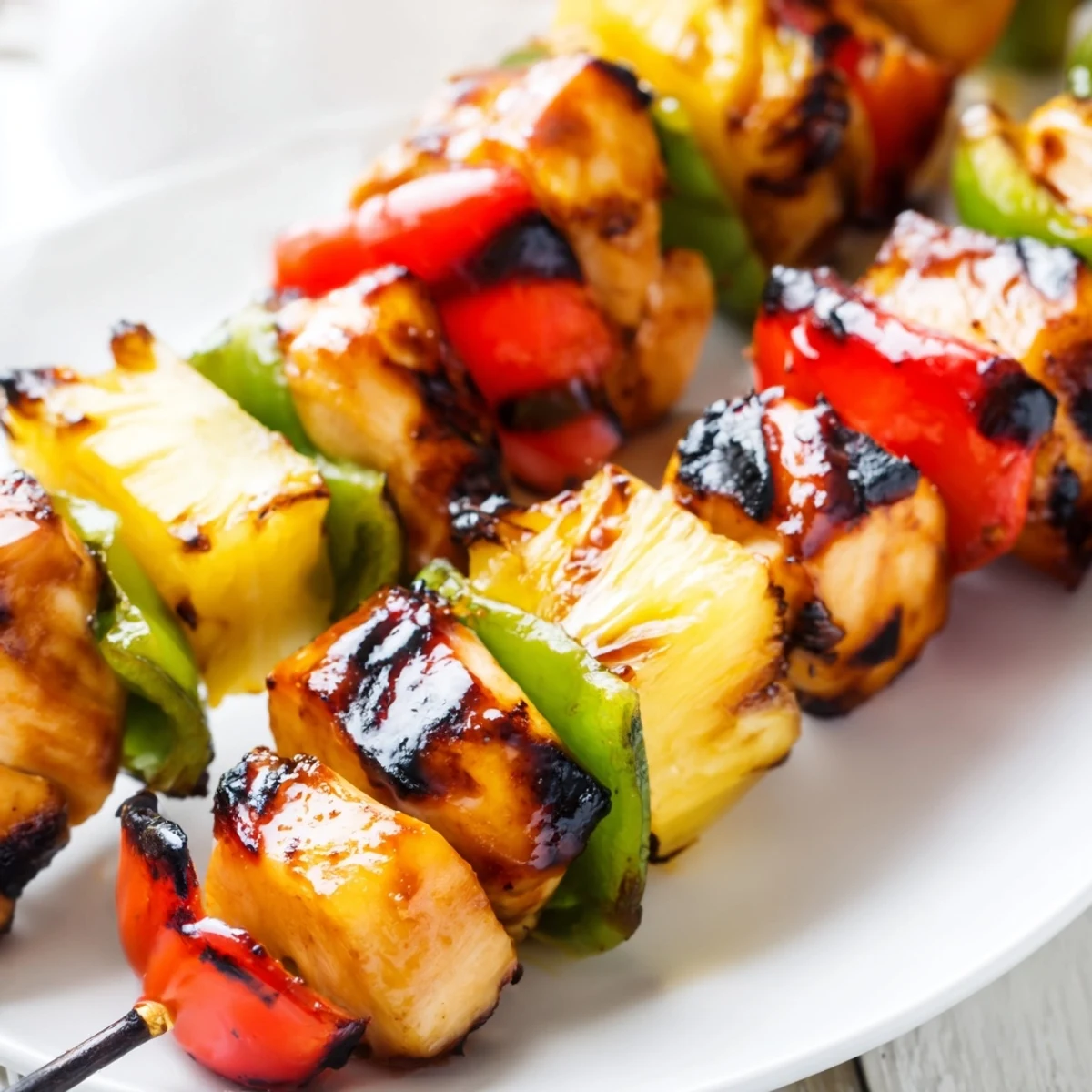 Summer-style Hawaiian chicken kabobs threaded with sweet pineapple and crisp vegetables, ready for outdoor grilling