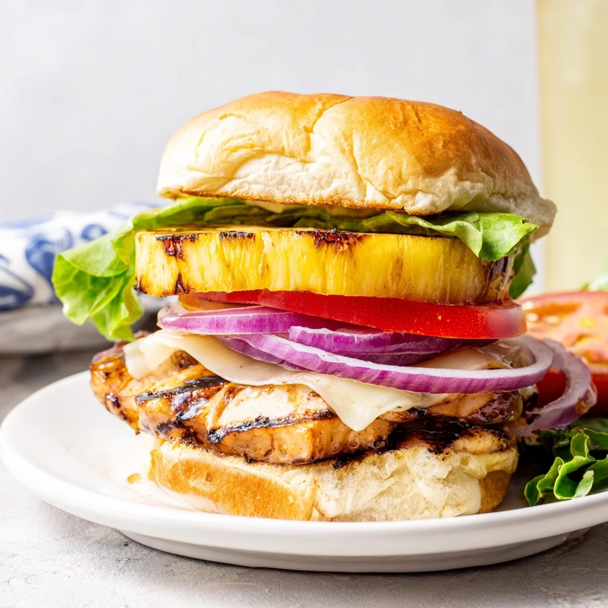 Golden grilled chicken breast with melted Swiss cheese and caramelized pineapple rings stacked on a toasted bun for these Grilled Hawaiian Chicken Sandwiches