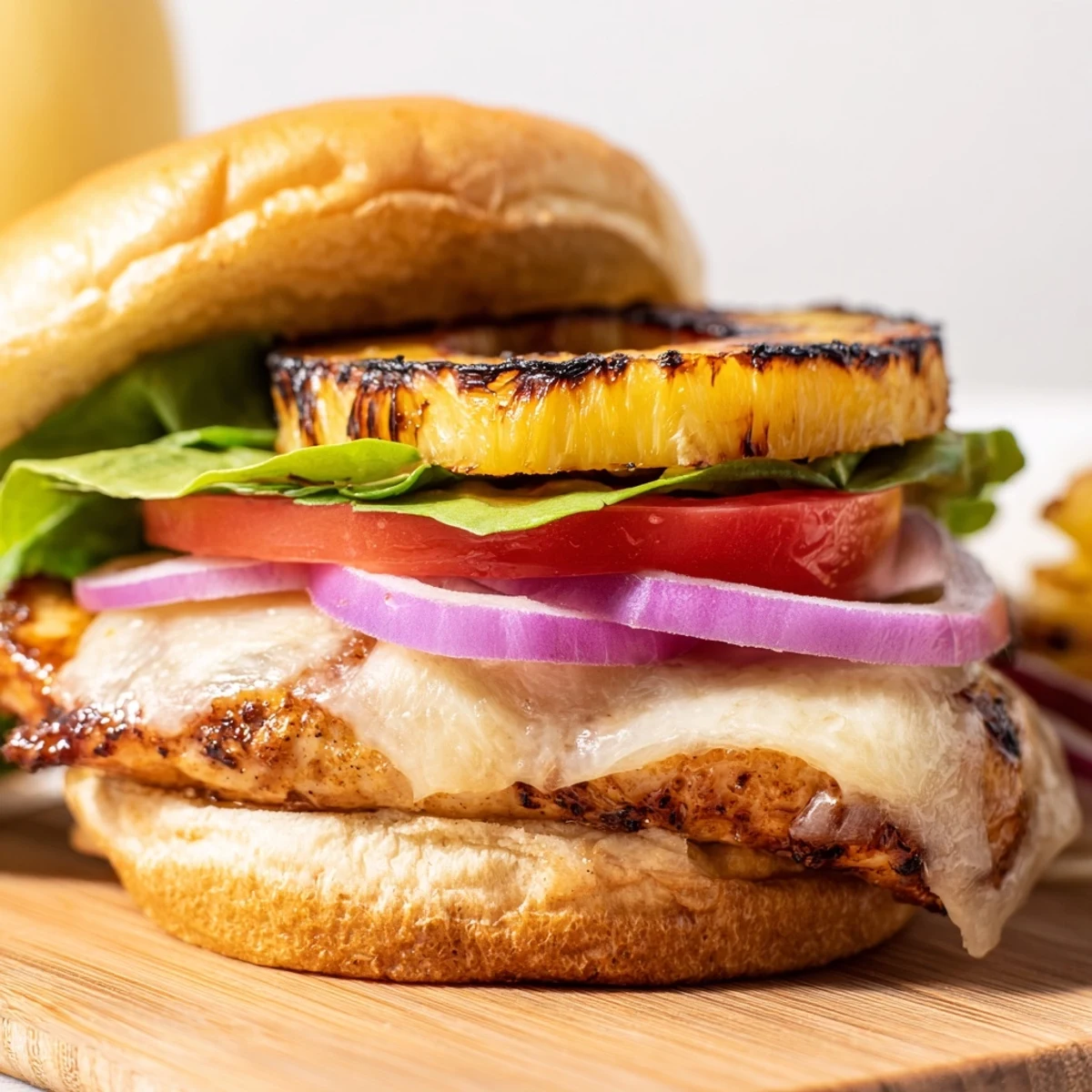 Savory teriyaki-marinated chicken topped with sweet grilled pineapple and fresh vegetables between buttery toasted buns in this Hawaiian chicken sandwich recipe