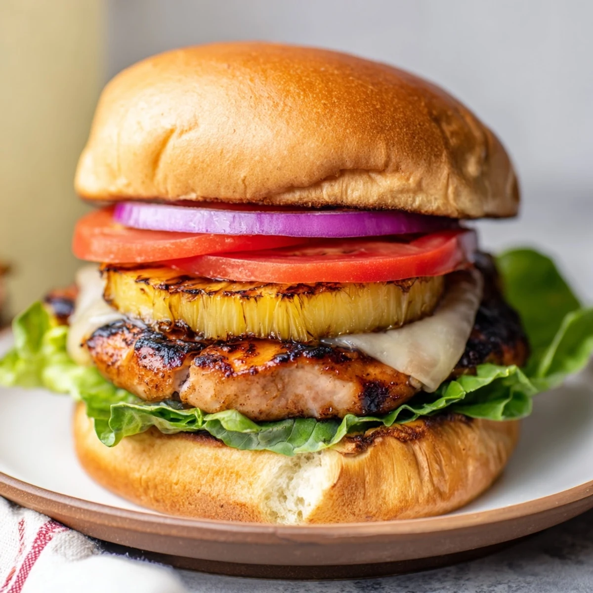 Cross-section view of juicy Grilled Hawaiian Chicken Sandwiches showing layered chicken, cheese, charred pineapple, lettuce, and tomato on a golden brown bun
