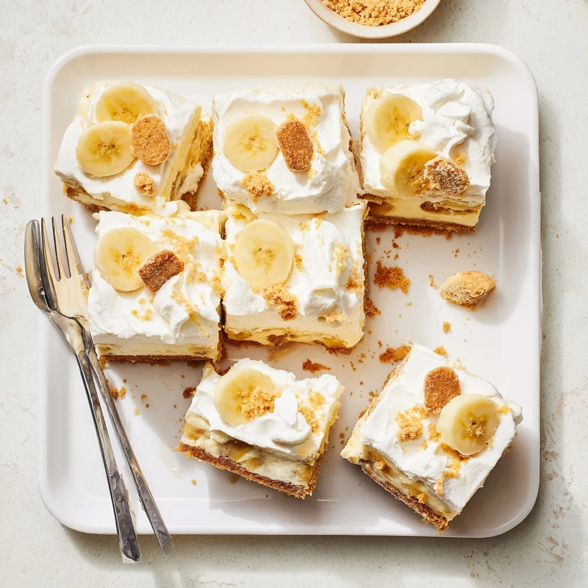 Slice of banana pudding cheesecake with crumbled vanilla wafers and fluffy whipped cream topping
