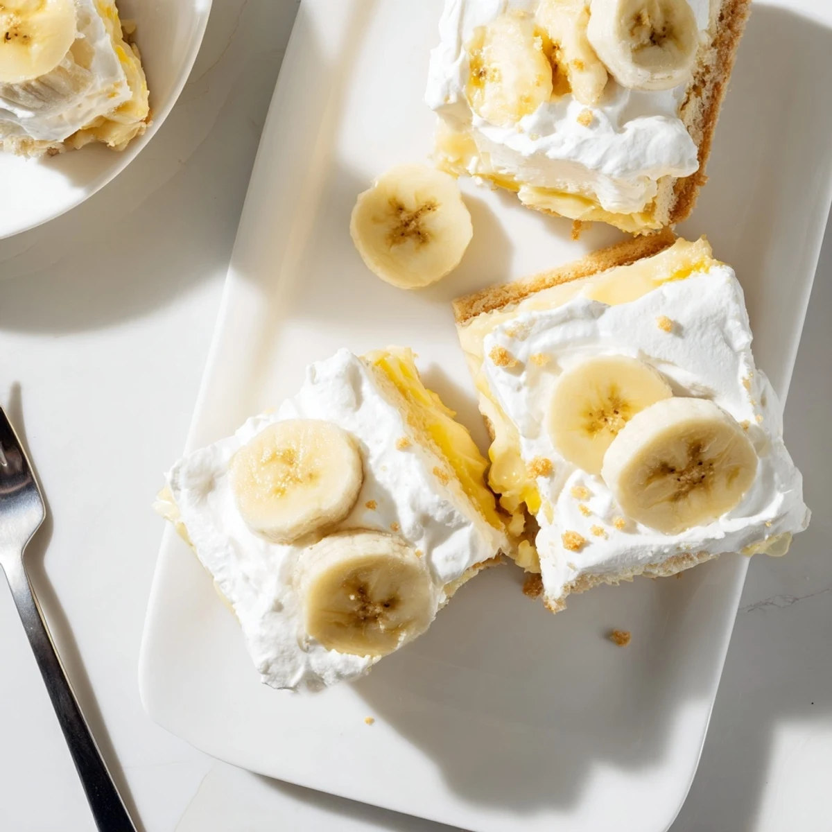 Creamy banana pudding cheesecake squares topped with fresh banana slices and white whipped cream