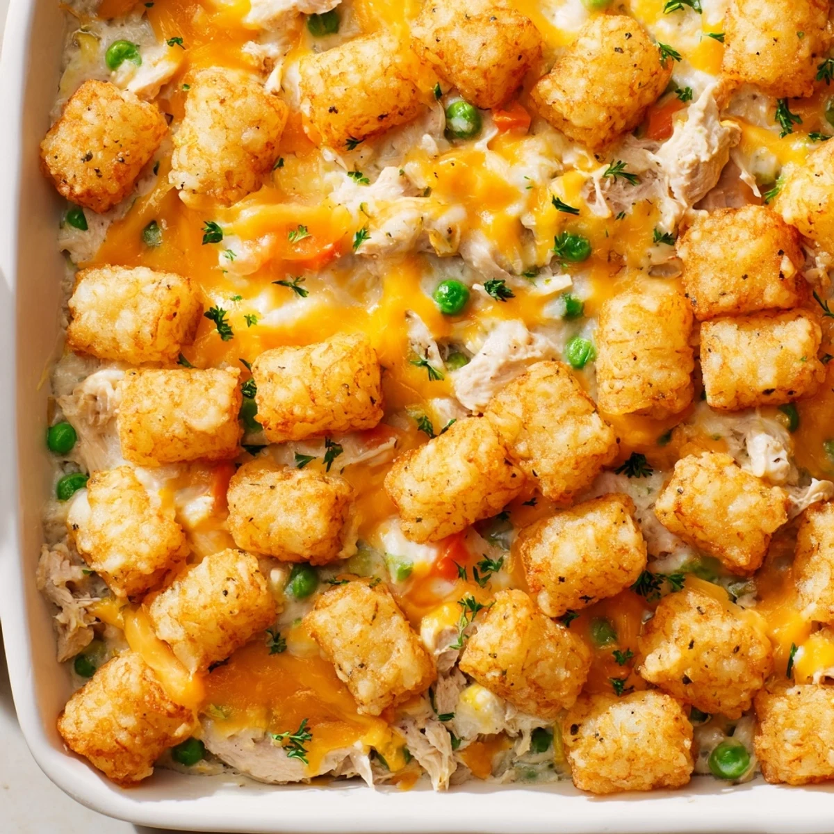 Creamy chicken and vegetable filling topped with crunchy tater tots bubbling with melted cheese