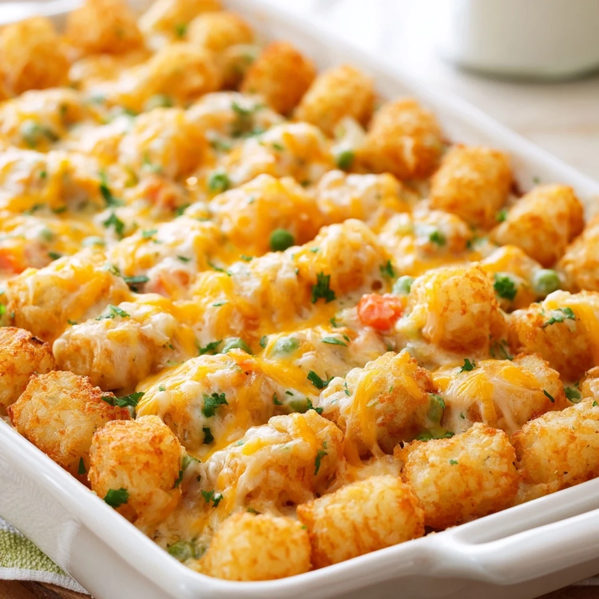 Golden crispy tater tots blanket melted cheddar cheese and tender chicken in this comforting casserole bake