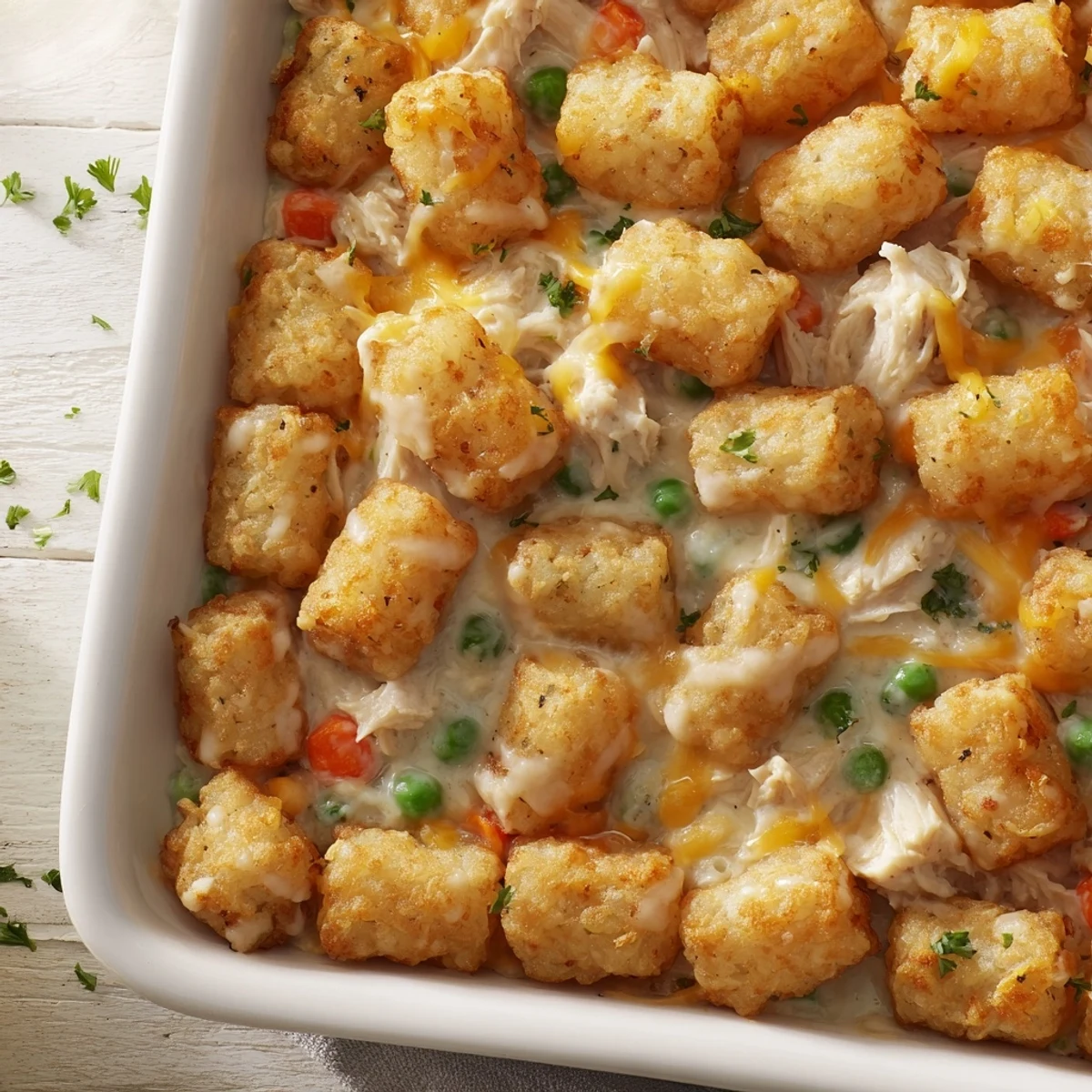 Family-style cheesy chicken tater tot casserole fresh from the oven with golden potato tots