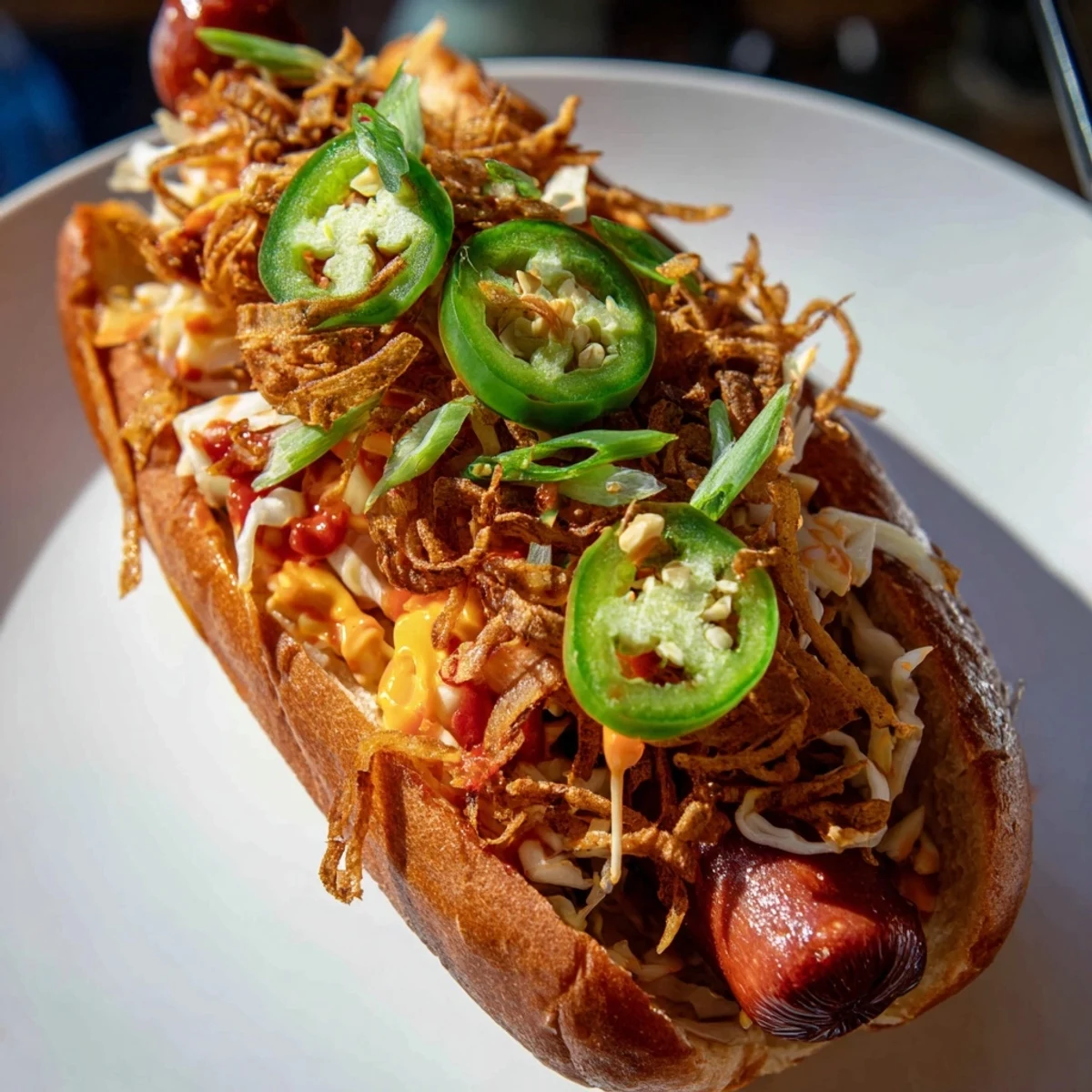 Grilled Spicy Firecracker Hot Dogs topped with crisp cabbage, jalapeño slices, and drizzled zesty sauce