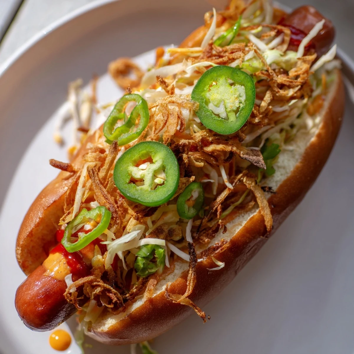 Char-grilled Spicy Firecracker Hot Dogs featuring vibrant slaw, sliced jalapeños, and creamy Sriracha mayonnaise sauce