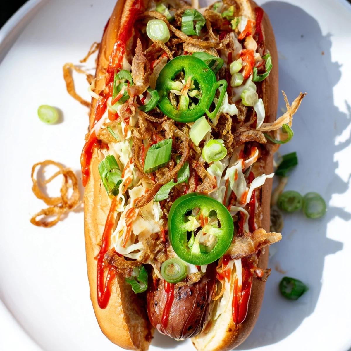Spicy Firecracker Hot Dogs in toasted buns piled high with crunchy fried onions and fresh cilantro