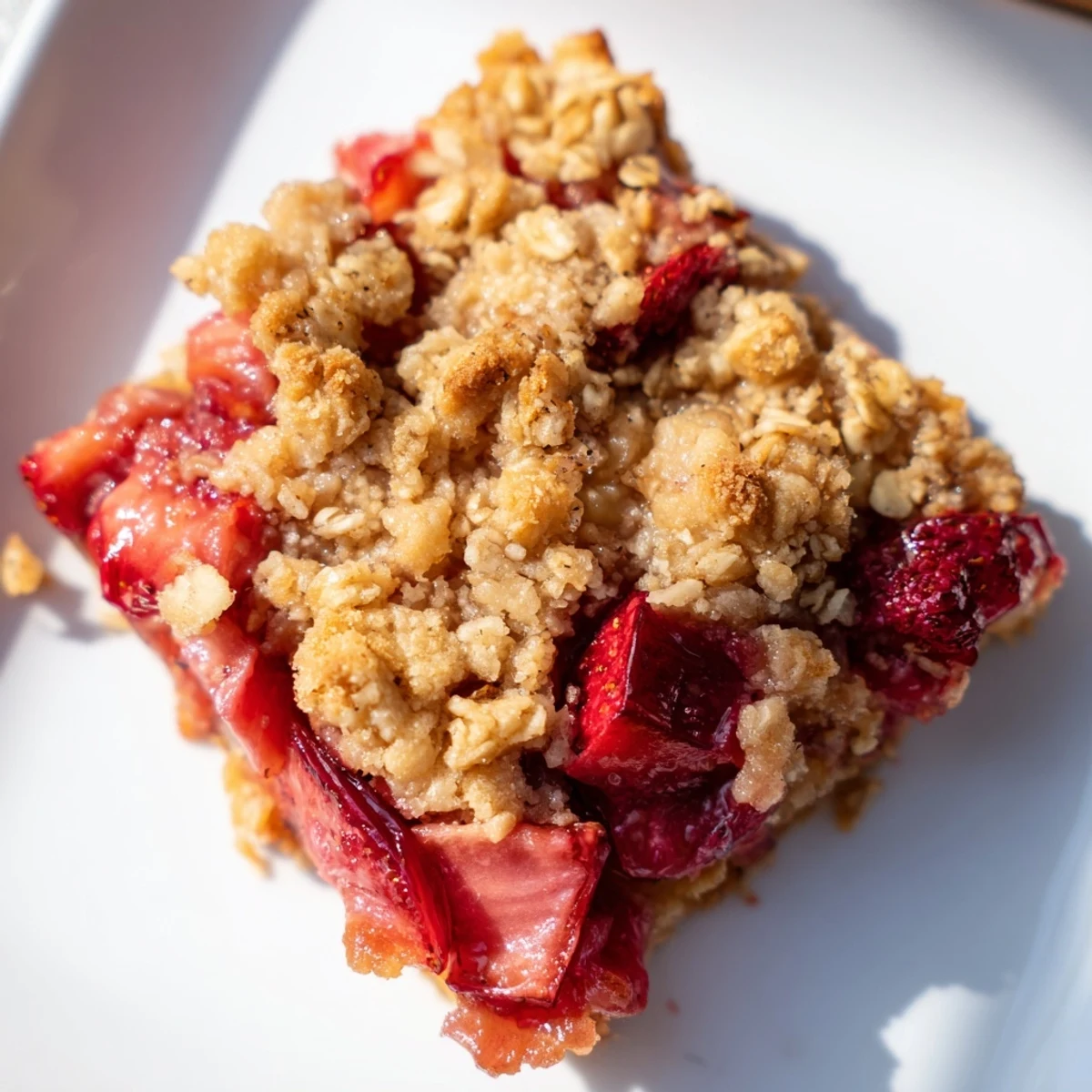 Golden oat-topped strawberry rhubarb crumble bars with bubbling red fruit filling on white plate