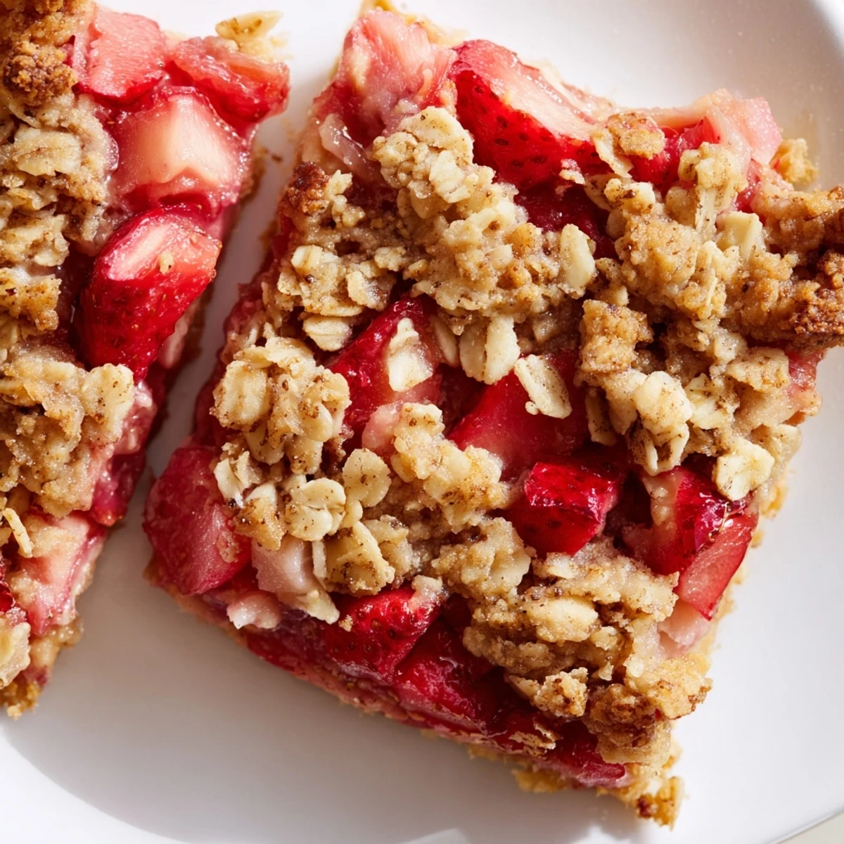 Sliced strawberry rhubarb crumble bars revealing buttery crust and sweet tart fruit layers