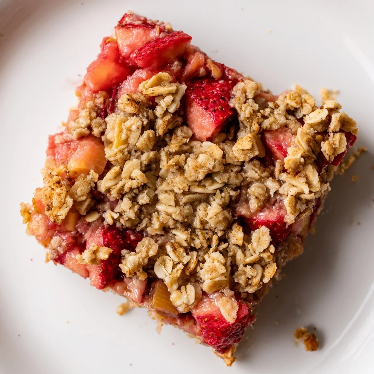 Homemade strawberry rhubarb crumble bars cooling on wire rack with golden crumbly topping