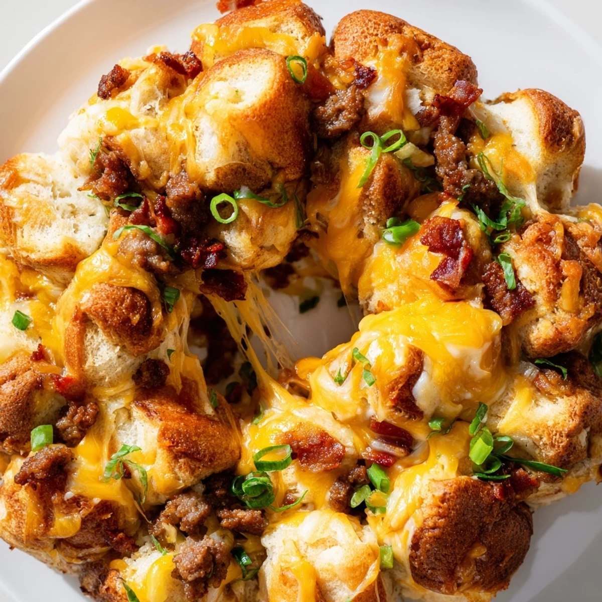 Golden brown cheesy beef bacon ranch monkey bread with melted cheddar and fresh parsley garnish