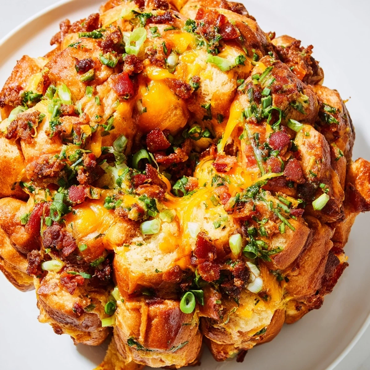 Baked bundt pan monkey bread featuring beef, bacon, cheddar cheese, and ranch seasoning ready for sharing