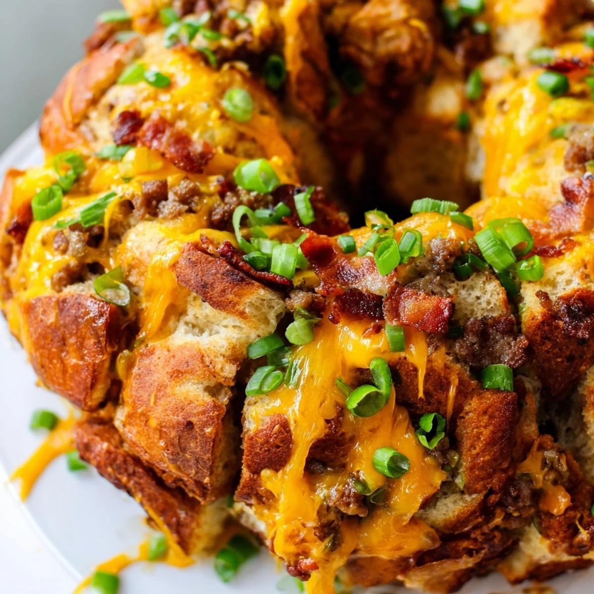 Pull-apart savory monkey bread loaded with seasoned ground beef, crispy bacon bits, and ranch flavor