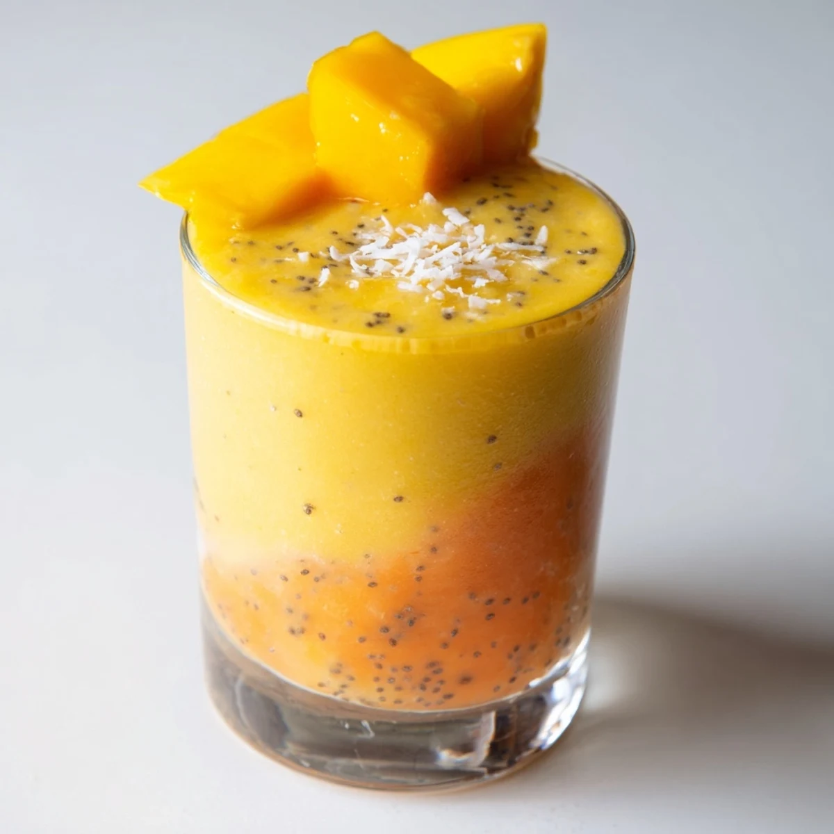 Vibrant tropical sunrise protein smoothie in tall glasses topped with fresh fruit garnish