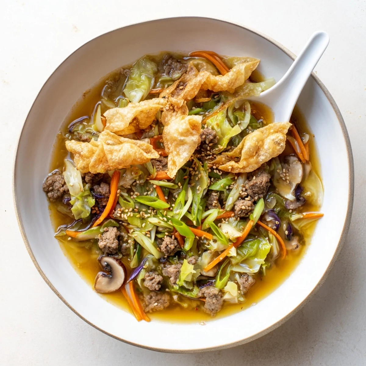 Rustic Dutch oven filled with fragrant Asian beef egg roll soup featuring tender ground beef and crisp vegetables
