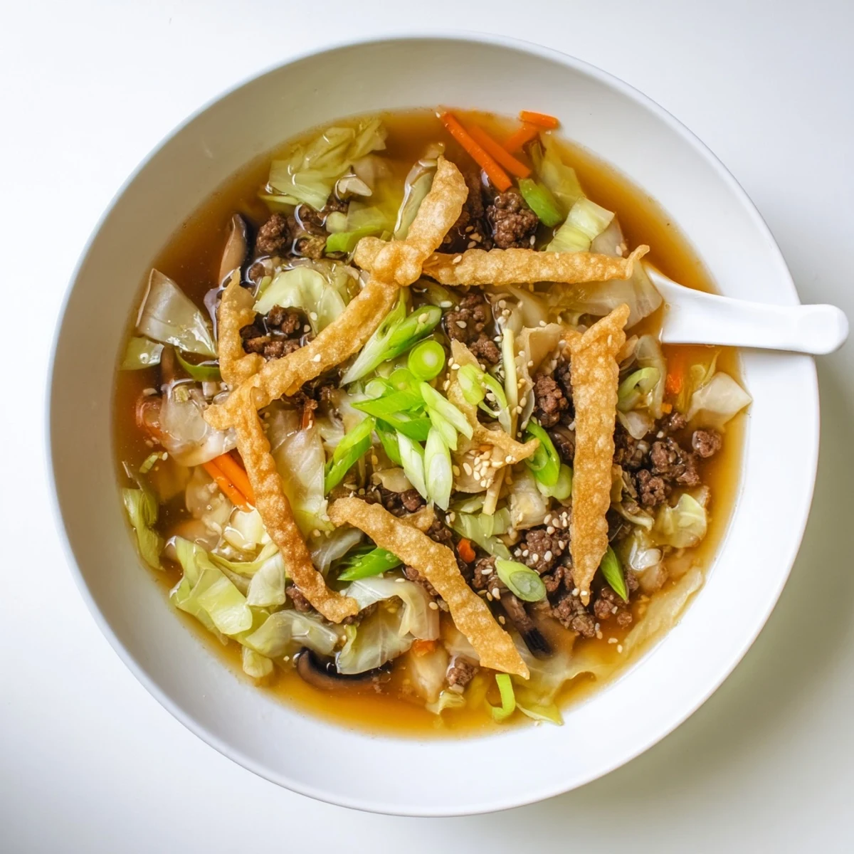 Steaming bowl of savory Asian beef egg roll soup topped with crispy wonton strips and fresh green onions