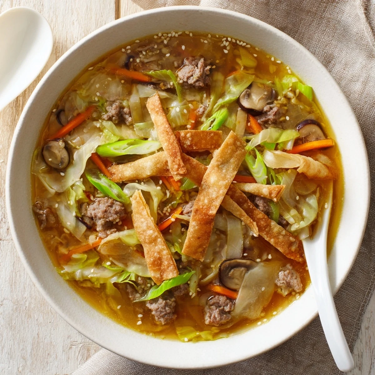 Golden brown ground beef simmers with colorful cabbage and carrots in a rich Asian beef egg roll soup broth