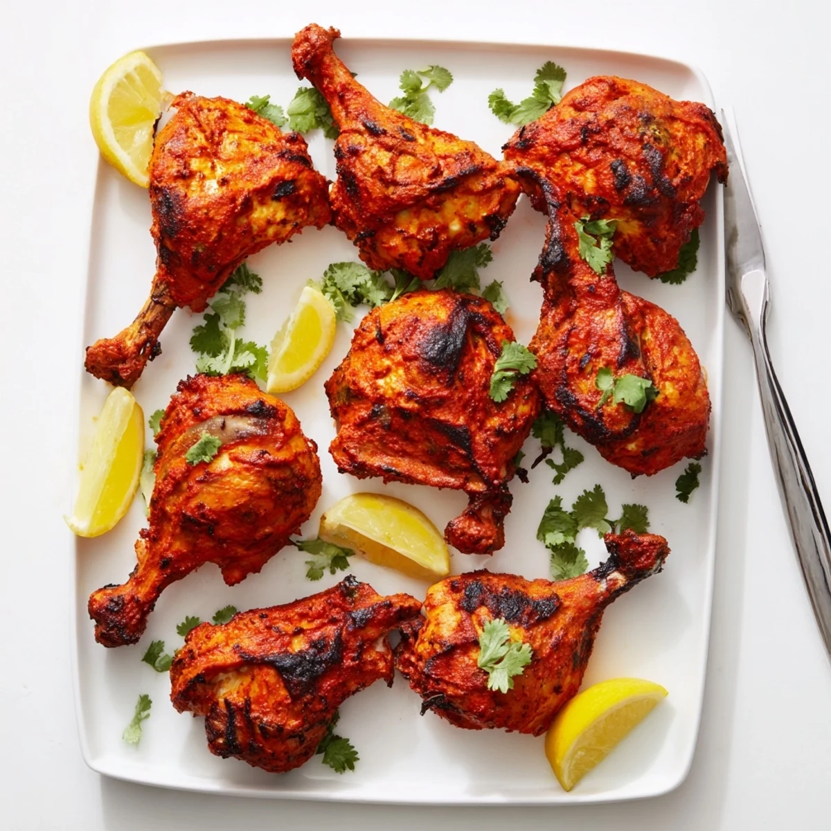 Tandoori chicken yogurt spice dish featuring charred, reddish-brown glazed chicken pieces garnished with fresh green cilantro