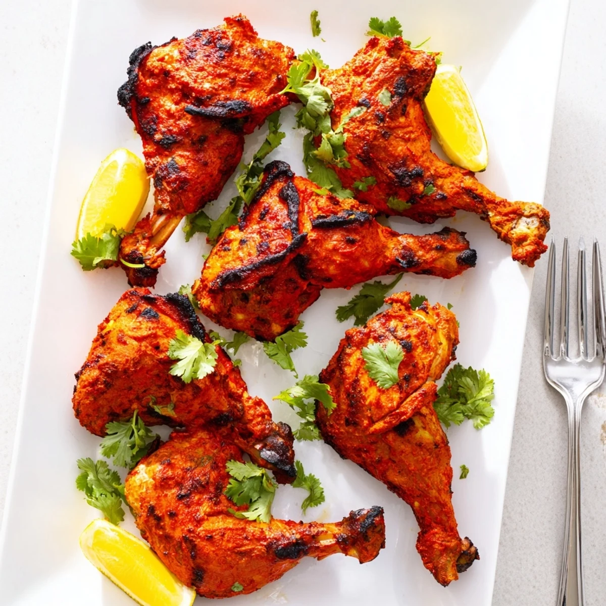 Succulent tandoori chicken legs coated in spiced yogurt marinade roasted to smoky perfection on a metal rack