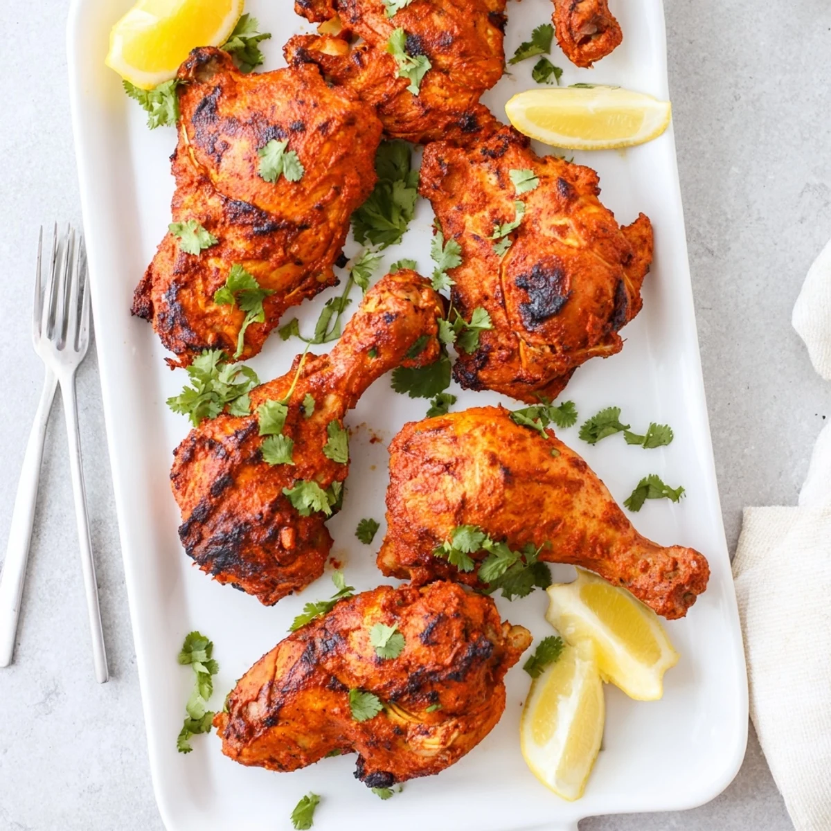Classic tandoori chicken yogurt spice platter arranged with lemon wedges and cilantro on a white serving plate