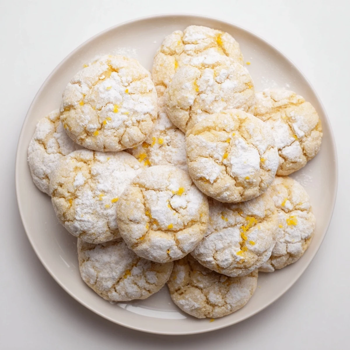 Soft chewy lemon cookies dusted with powdered sugar on a white baking sheet