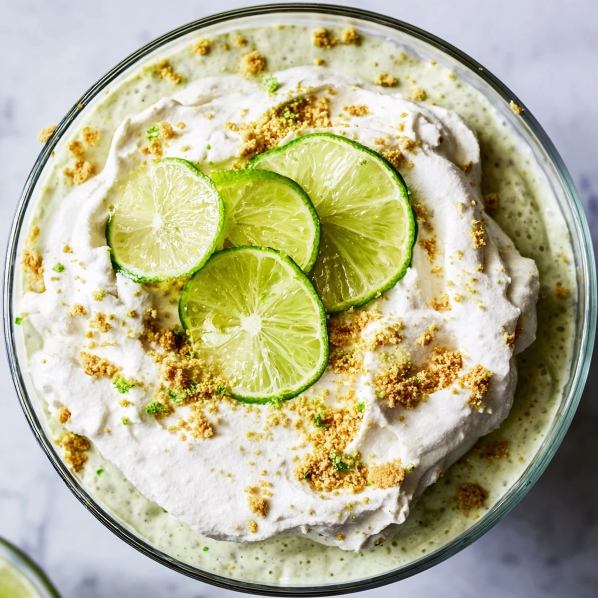 Vegan key lime chia pudding in glass jars with crushed graham cracker topping and citrus garnish