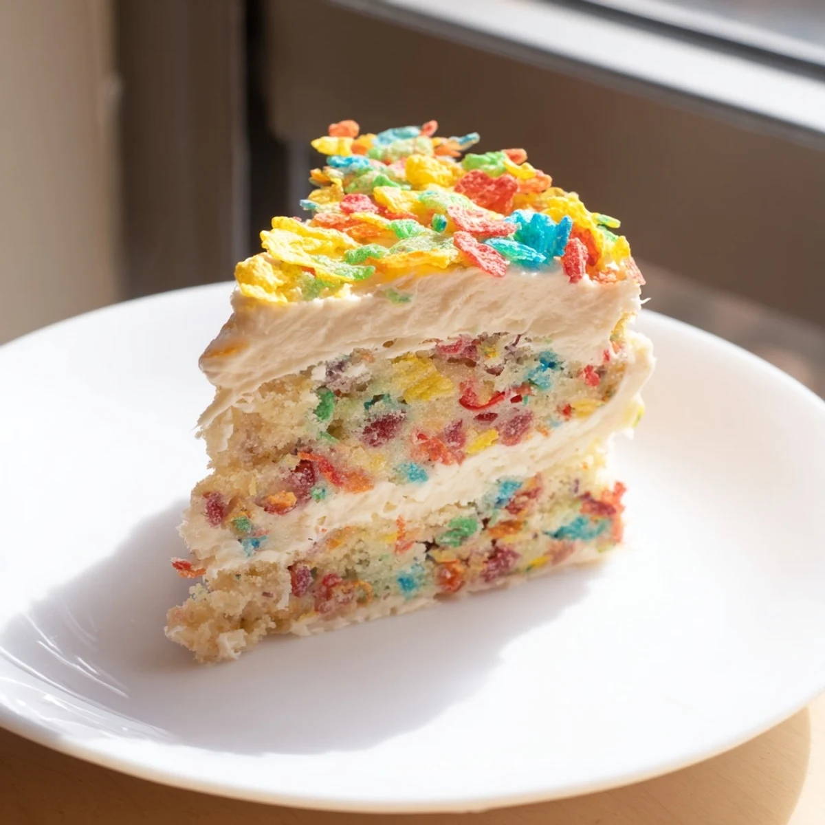 Vibrant rainbow cereal frosting swirled on chocolate cupcake topped with crunchy Fruity Pebbles