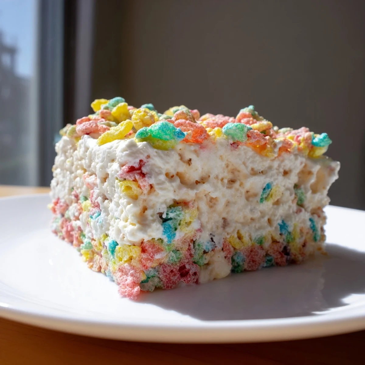Fluffy vanilla buttercream frosting mixed with colorful Fruity Pebbles cereal garnish on baked goods