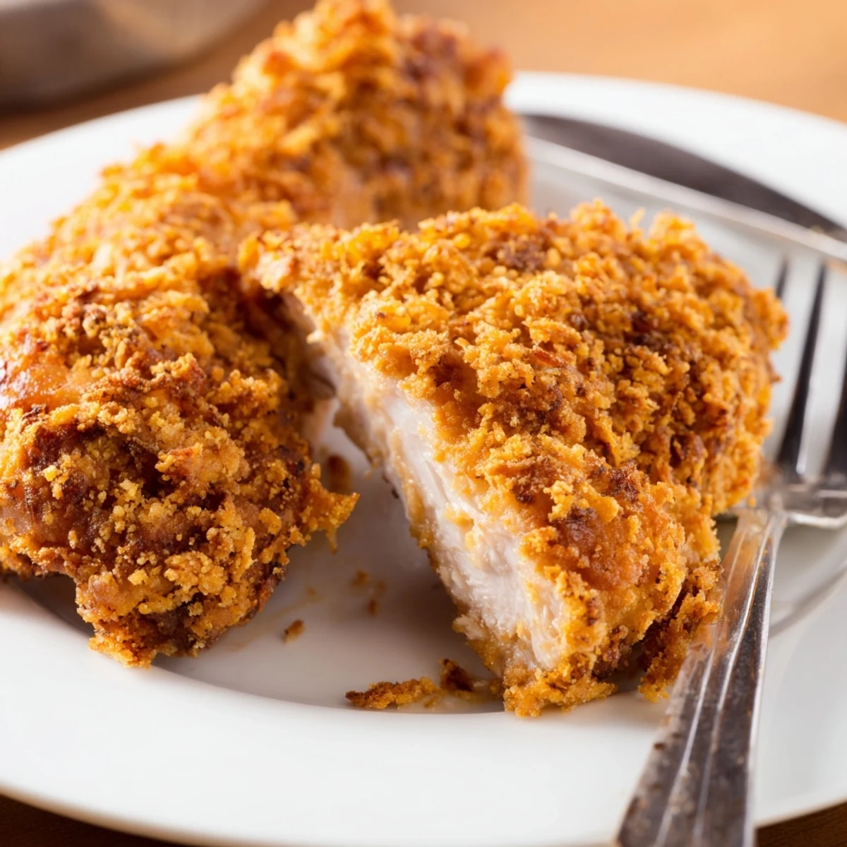 Golden fried chicken breast with crispy breadcrumb coating on white plate