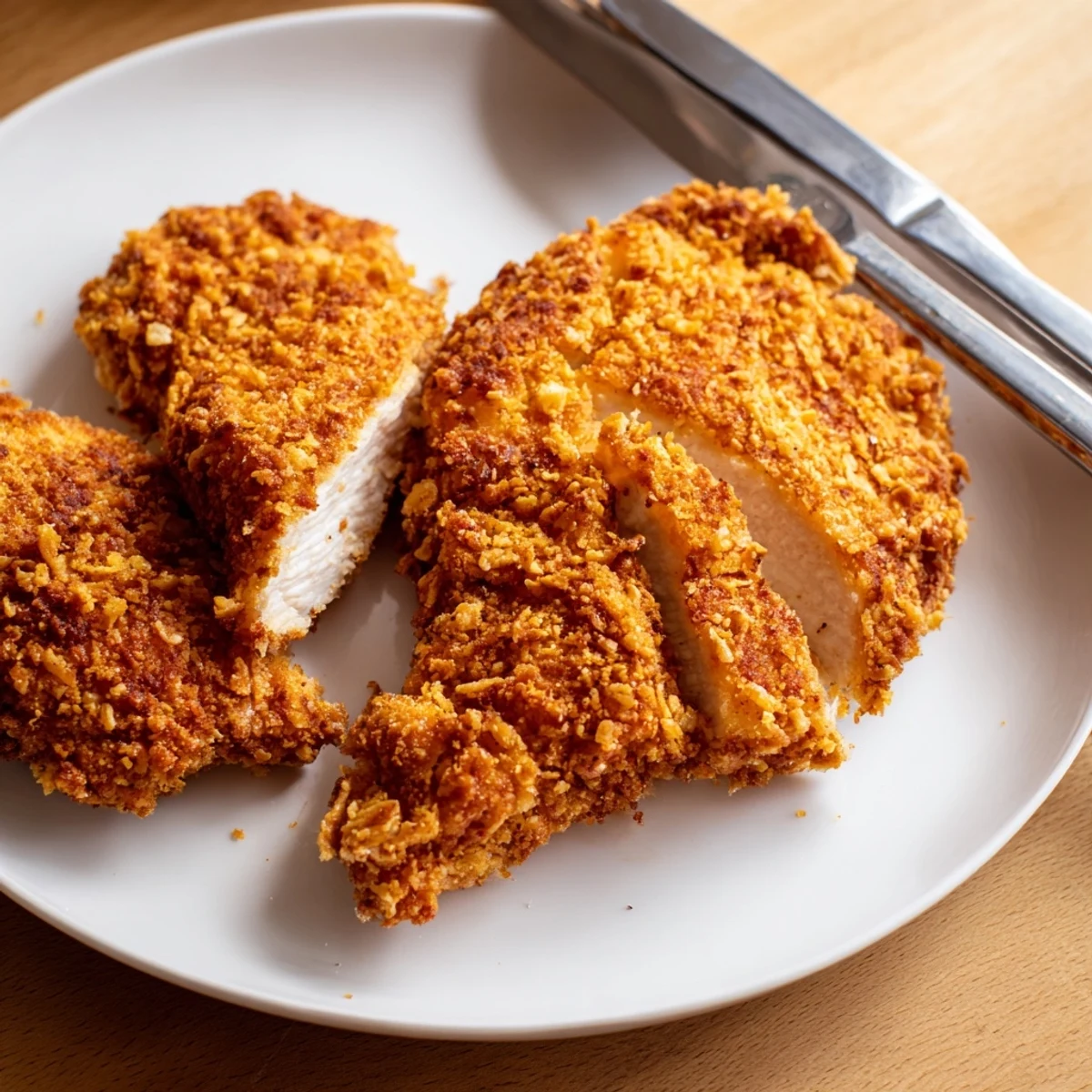 Crispy fried chicken breast pieces piled high on rustic wooden board