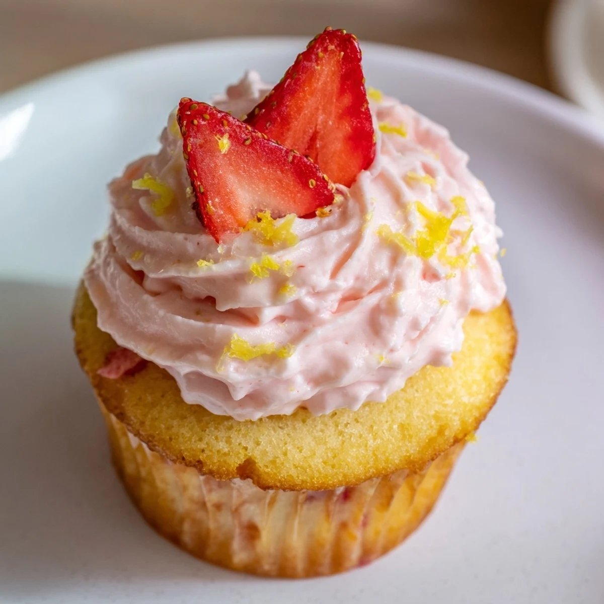 Fresh strawberry lemonade cupcakes topped with fluffy pink buttercream frosting and lemon zest garnish