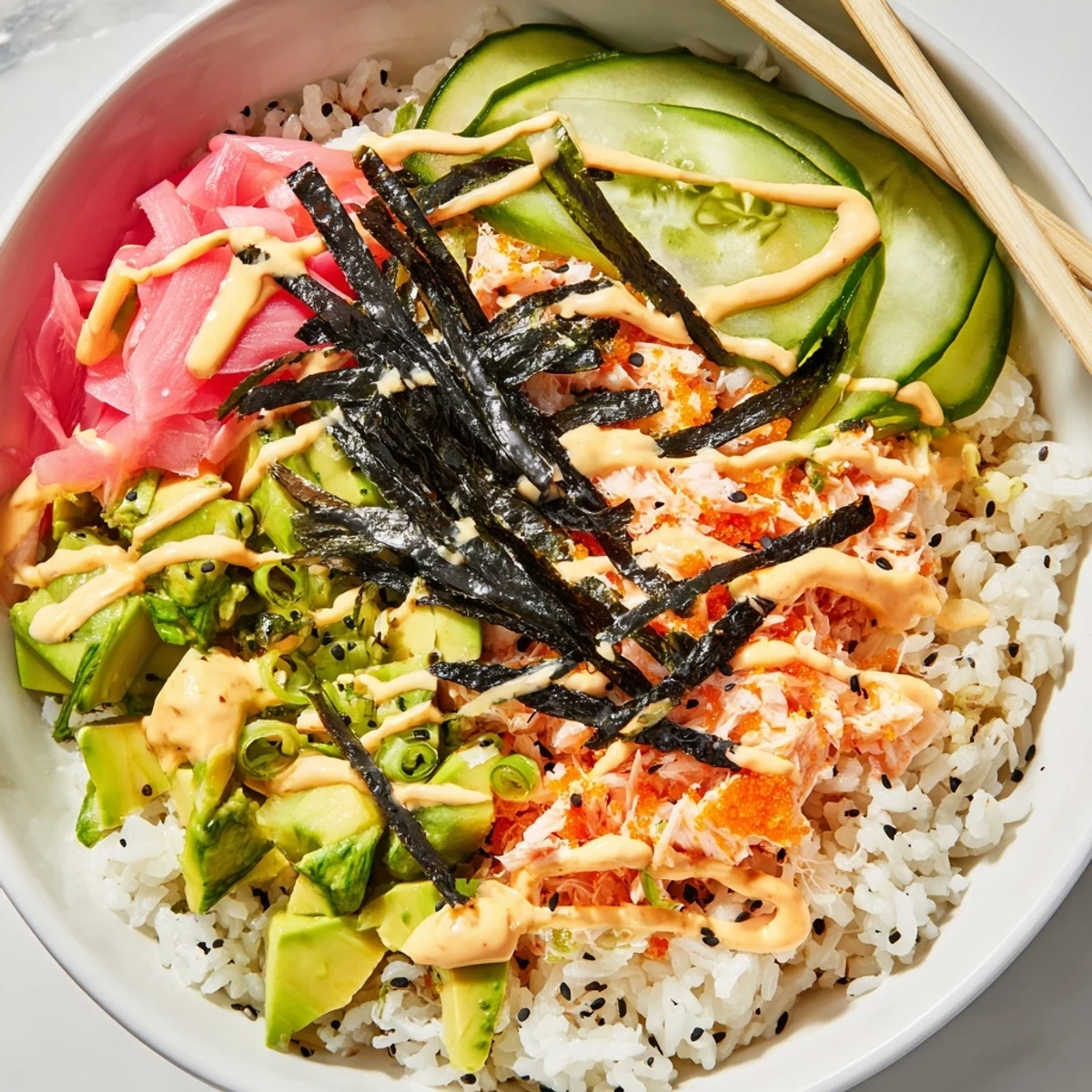 Homemade California Roll Sushi Bowl arranged with sushi rice crab meat avocado sesame seeds and pickled ginger